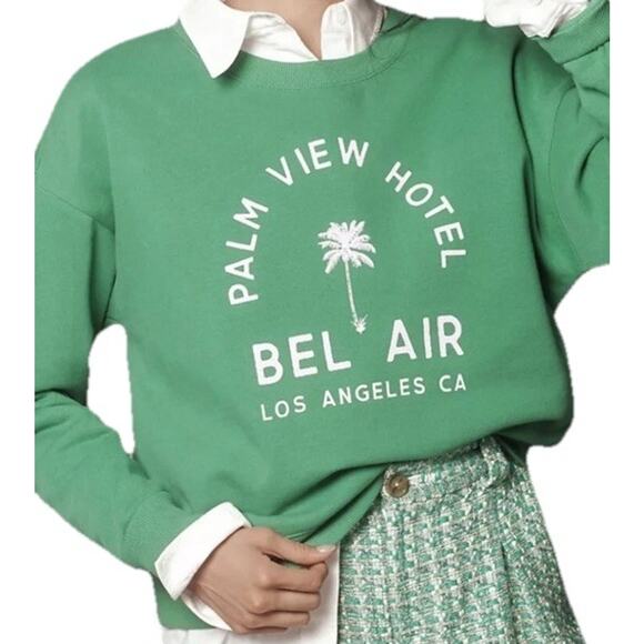 Anthropologie Maeve City Crew Sweatshirt Green Palm View Hotel Size 4x Preppy - Picture 1 of 10